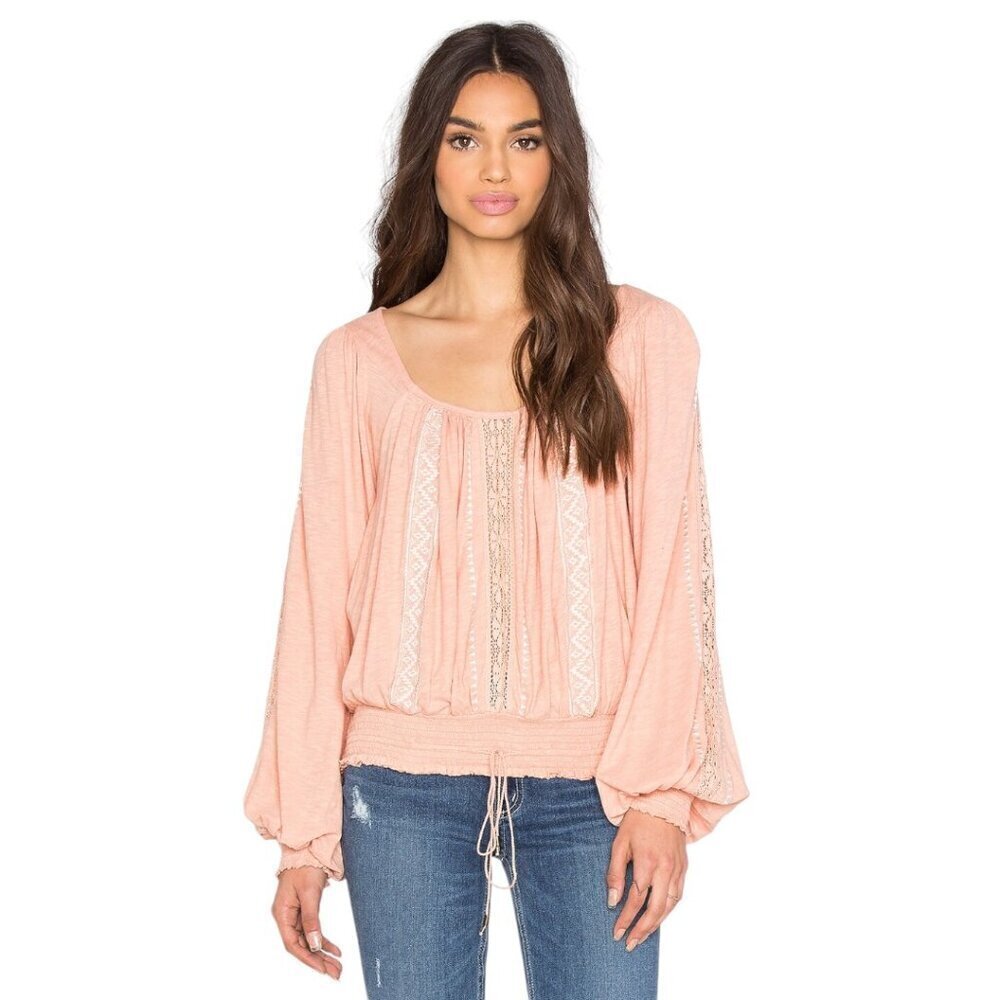 Free People Silverlake Peach Smocked Hem Lace Up Back Top